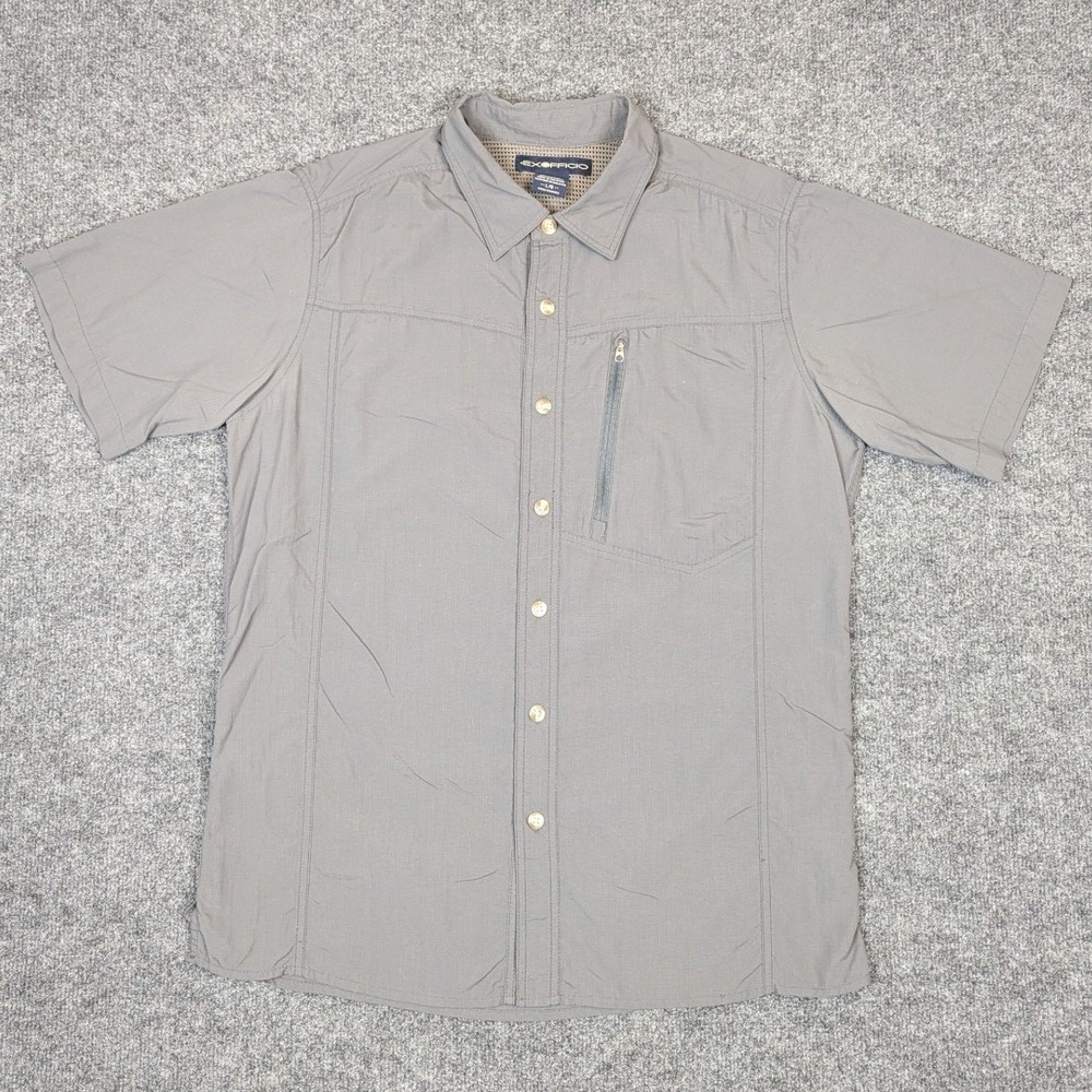 ExOfficio Mens Gray Ripstop Nylon Short Sleeve Hiking Shirt Large Vented Back